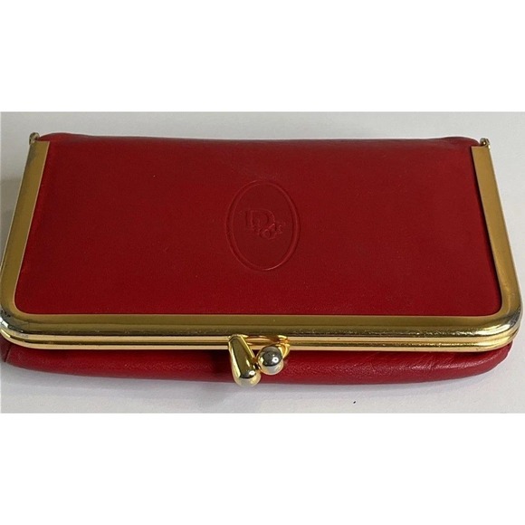 RARE Vintage Dior Red Leather Kiss Lock Mirrored Lipstick Makeup Wallet Case - Picture 3 of 16